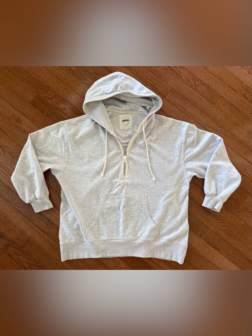 aerie Women's Light Gray Oversized Quarter-Zip Hoodie Sweatershirt